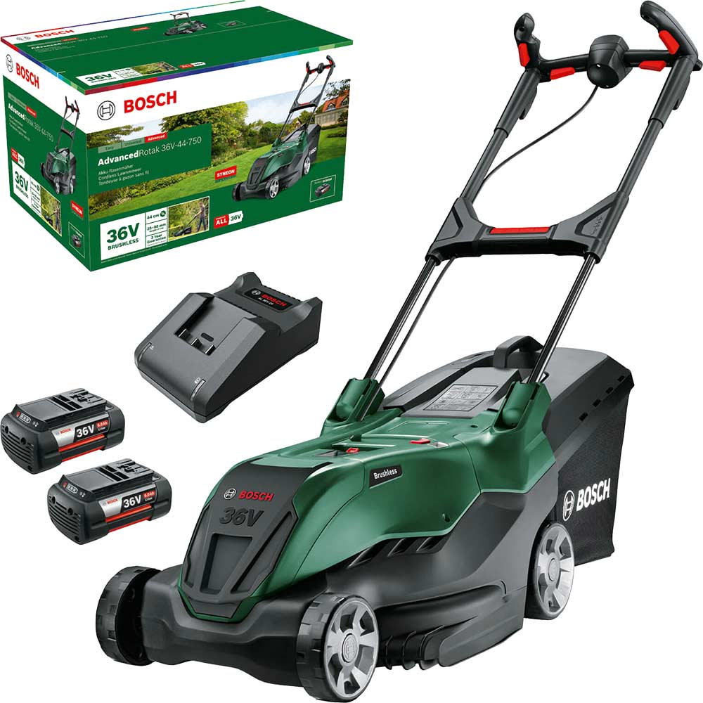 Bosch ADVANCEDROTAK 36V-44-750 36v Cordless Rotary Lawnmower 440mm 2 x 6ah Li-ion Battery Charger