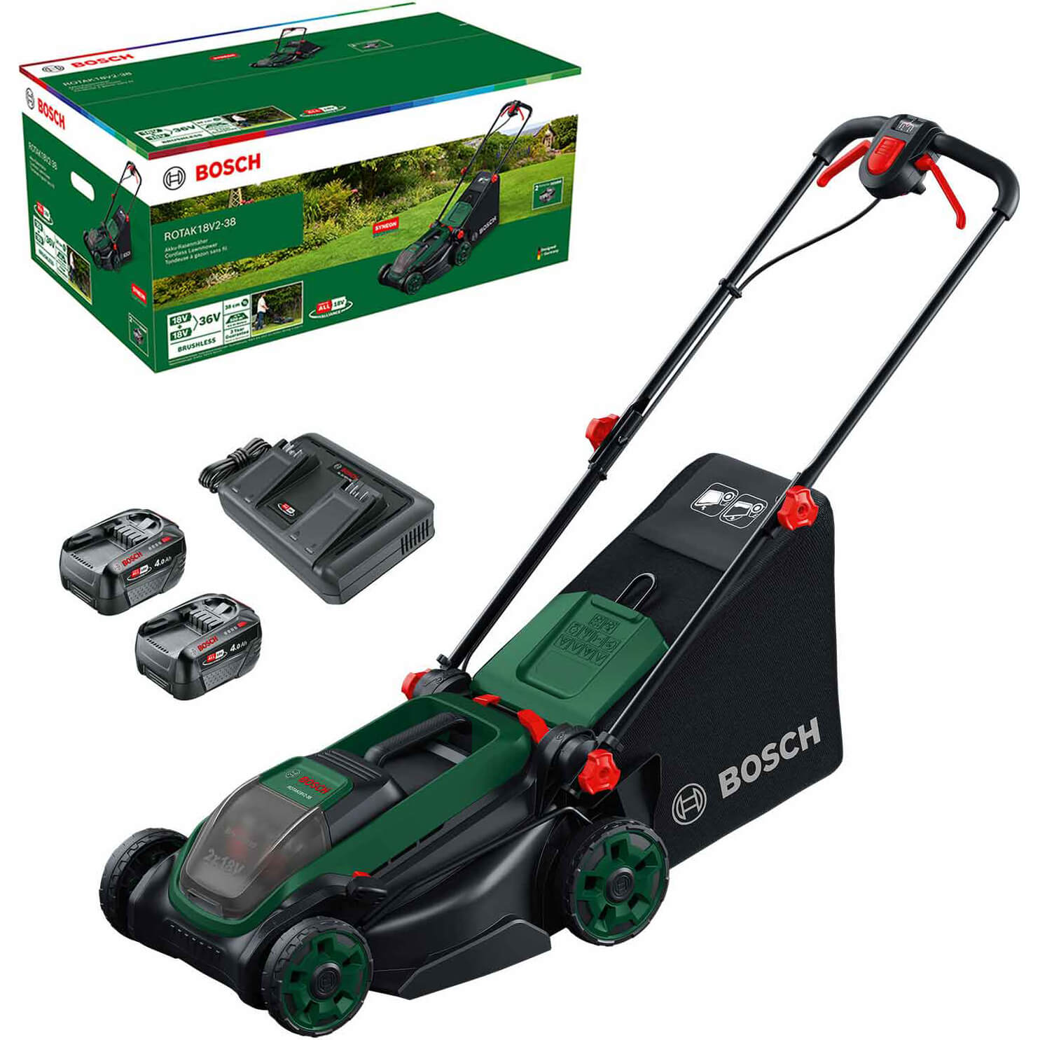 Bosch ROTAK 18V2-38 P4A 36v Cordless Brushless Rotary Lawnmower 380mm 2 x 4ah Li-ion Twin Battery Charger
