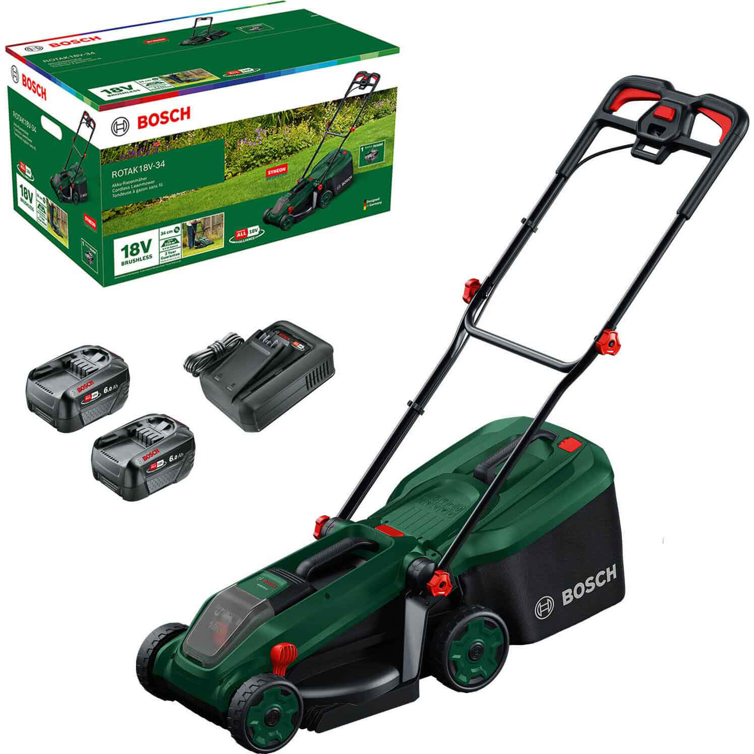 Bosch ROTAK 18V-34 P4A 18v Cordless Brushless Rotary Lawnmower 340mm 2 x 6ah Li-ion Battery Charger