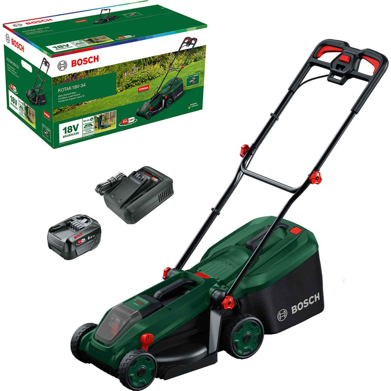 Bosch ROTAK 18V-34 P4A 18v Cordless Brushless Rotary Lawnmower 340mm 1 x 6ah Li-ion Battery Charger