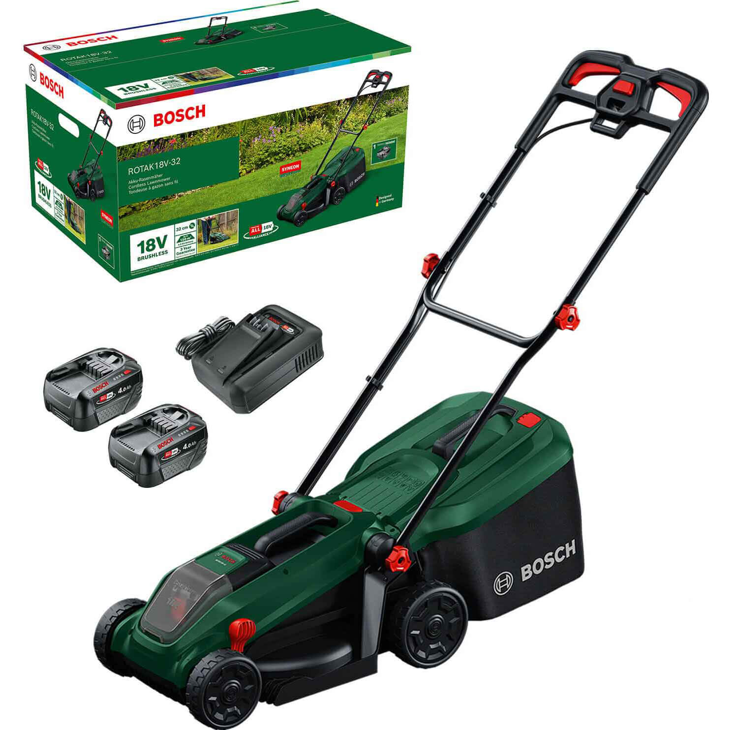 Bosch ROTAK 18V-32 P4A 18v Cordless Brushless Rotary Lawnmower 320mm 2 x 4ah Li-ion Battery Charger