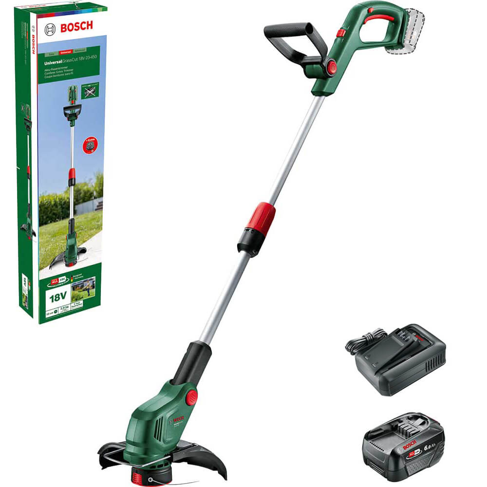 Bosch UNIVERSALGRASSCUT 18V-23-450 P4A 18v Cordless Grass Trimmer 230mm 1 x 6ah Li-ion Battery Charger