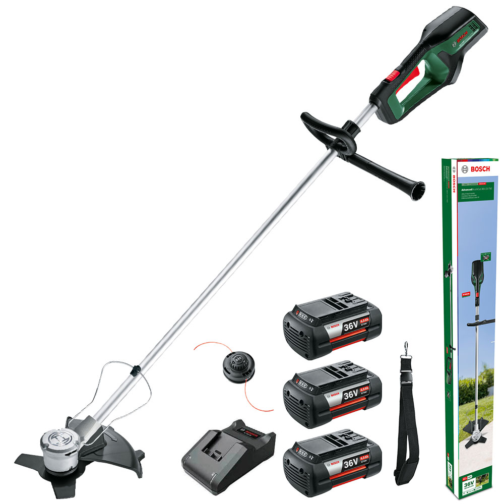 Bosch ADVANCEDBRUSHCUT 36V-23-750 36v Cordless Brush Cutter 230mm 3 x 4ah Li-ion Battery Charger