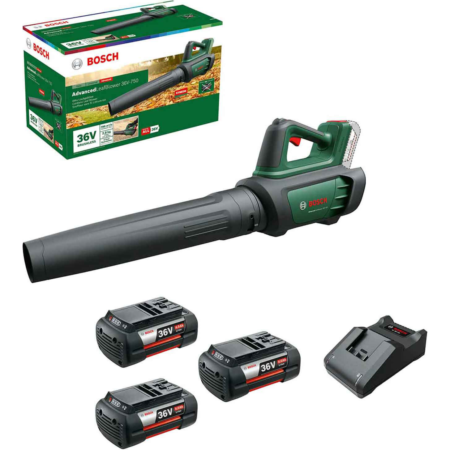 Bosch ADVANCEDLEAFBLOWER 36V-750 Brushless Garden Leaf Blower 3 x 4ah Li-ion Battery Charger