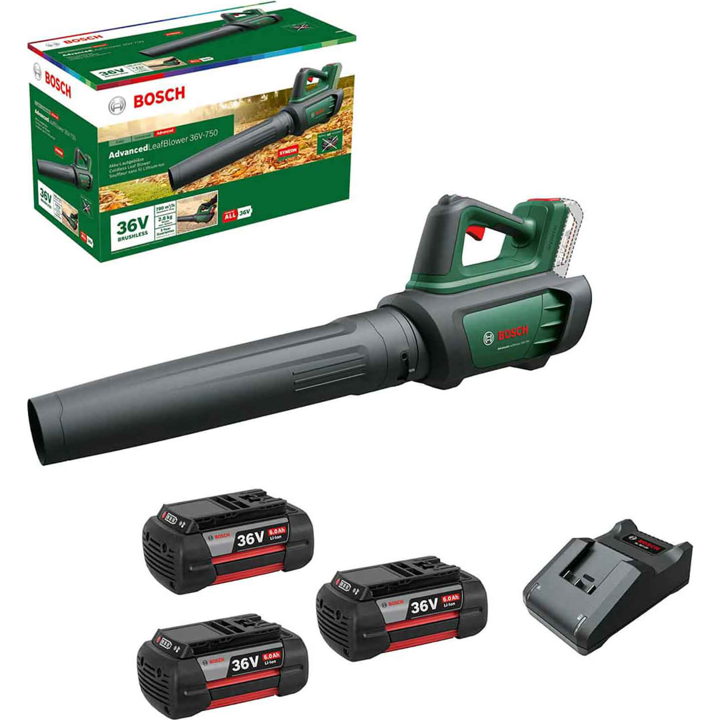 Bosch ADVANCEDLEAFBLOWER 36V-750 Brushless Garden Leaf Blower 3 x 6ah Li-ion Battery Charger