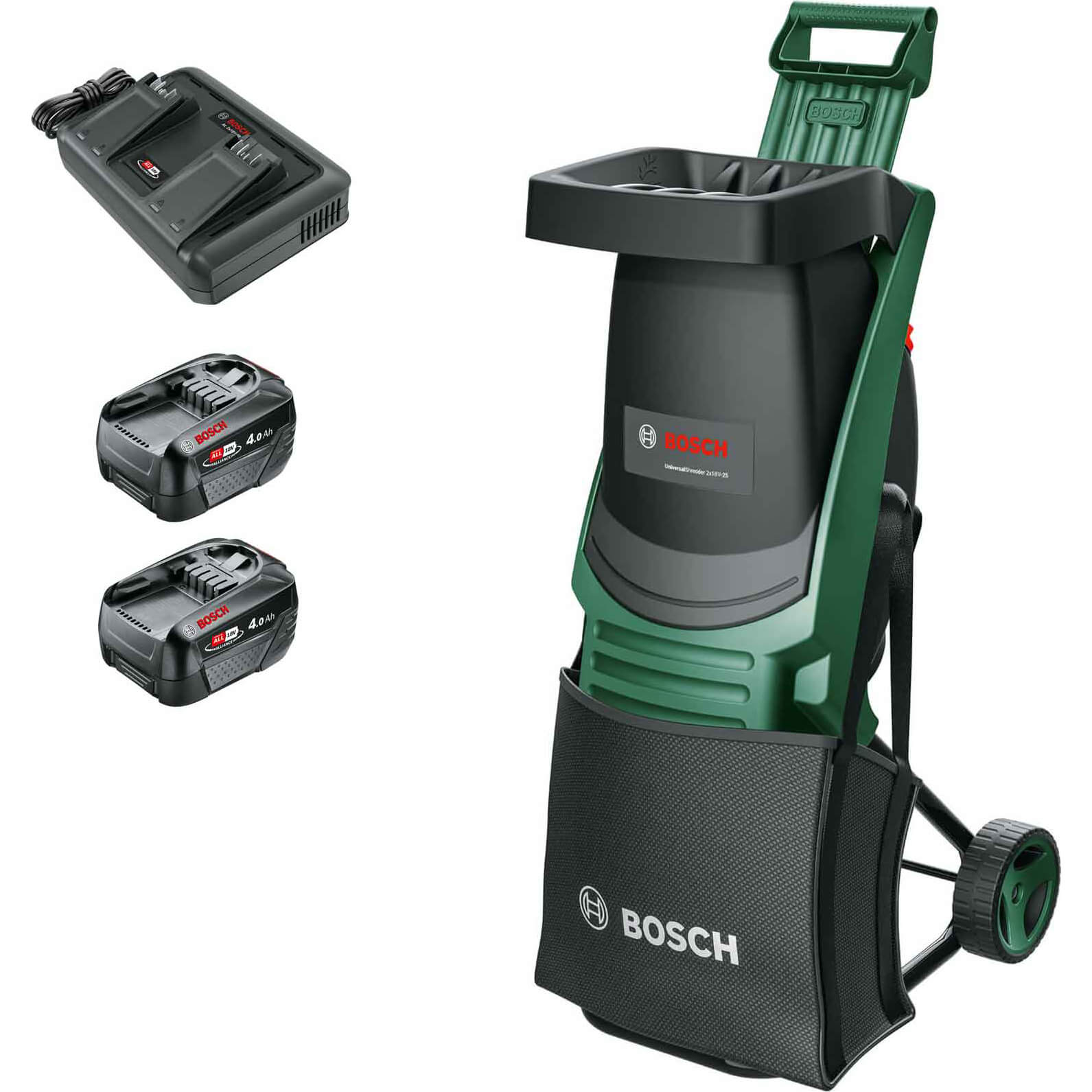 Bosch UNIVERSALSHREDDER 2X18V-25 P4A 36v Cordless Garden Shredder 2 x 4ah Li-ion Twin or Dual Battery Charger