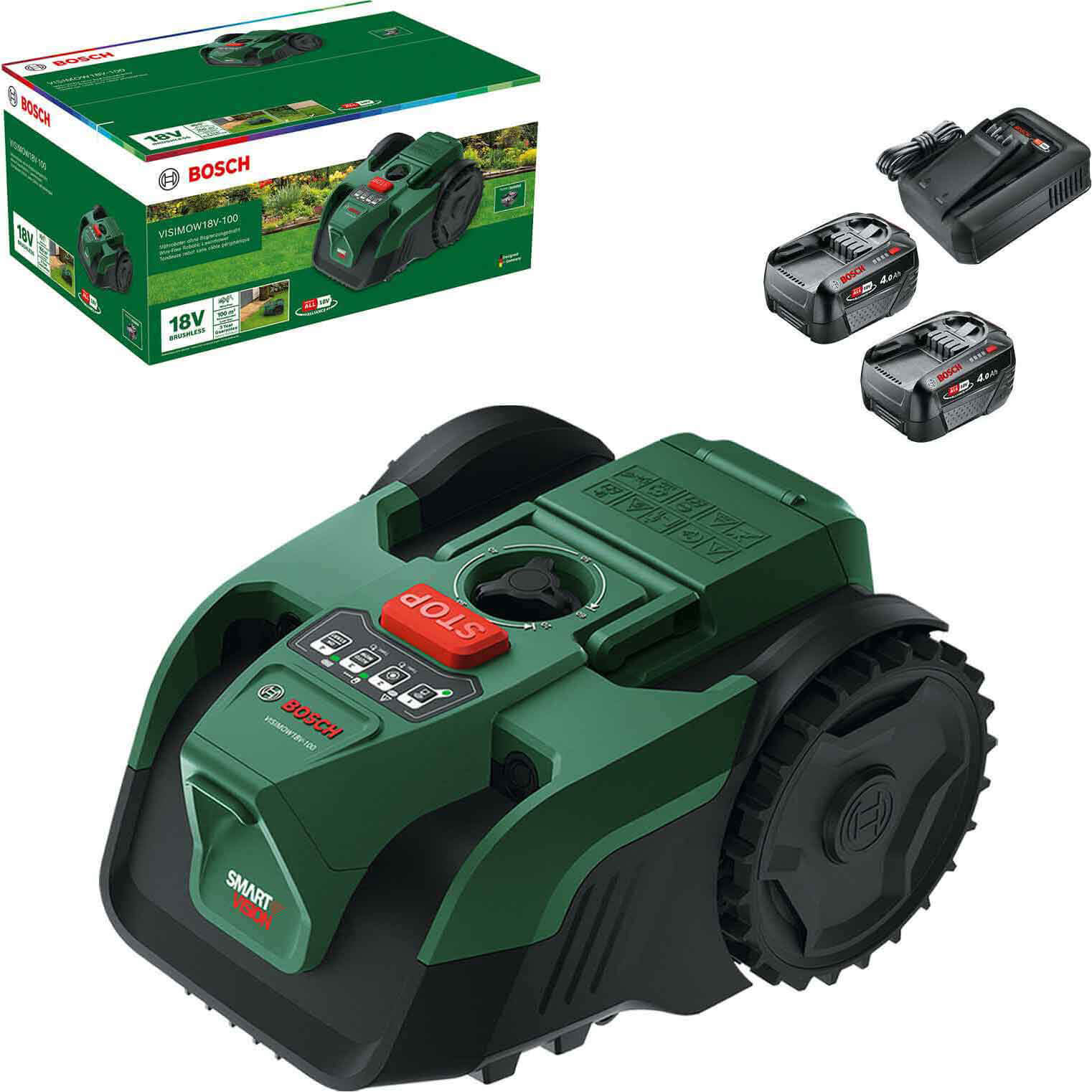 Bosch VISIMOW 18V-100 P4A 18v Cordless Camera Robotic Lawnmower 155mm 2 x 4ah Li-ion Battery Charger