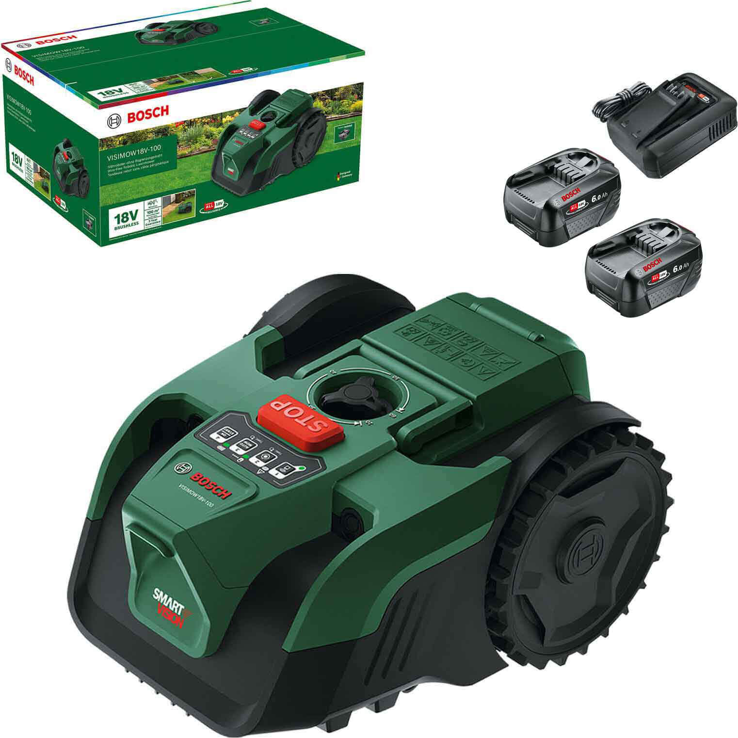 Bosch VISIMOW 18V-100 P4A 18v Cordless Camera Robotic Lawnmower 155mm 2 x 6ah Li-ion Battery Charger