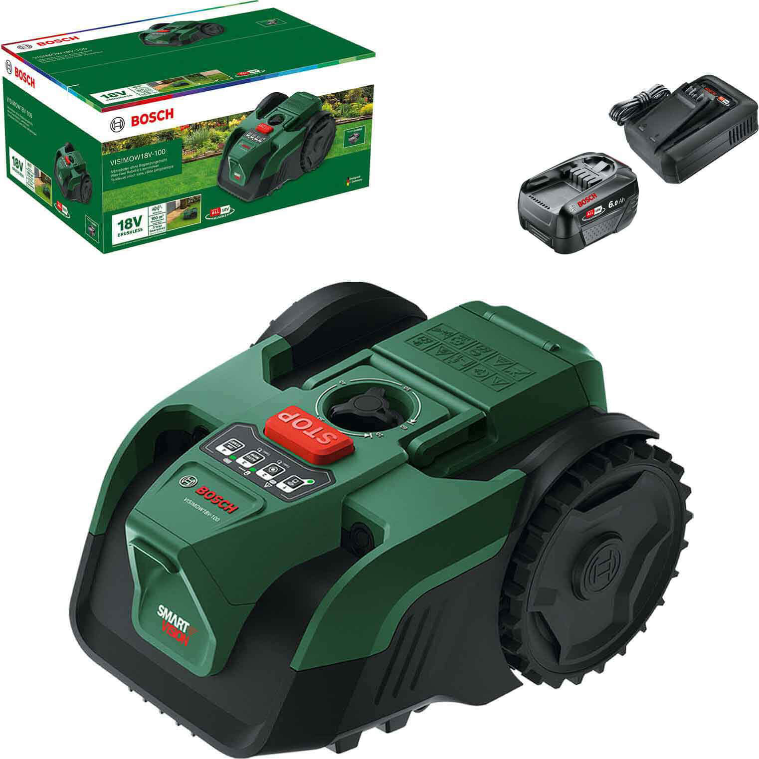 Bosch VISIMOW 18V-100 P4A 18v Cordless Camera Robotic Lawnmower 155mm 1 x 6ah Li-ion Battery Charger