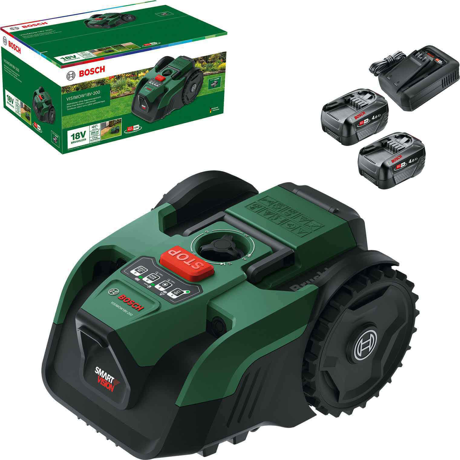 Bosch VISIMOW 18V-200 P4A 18v Cordless Camera Robotic Lawnmower 175mm 2 x 4ah Li-ion Battery Charger