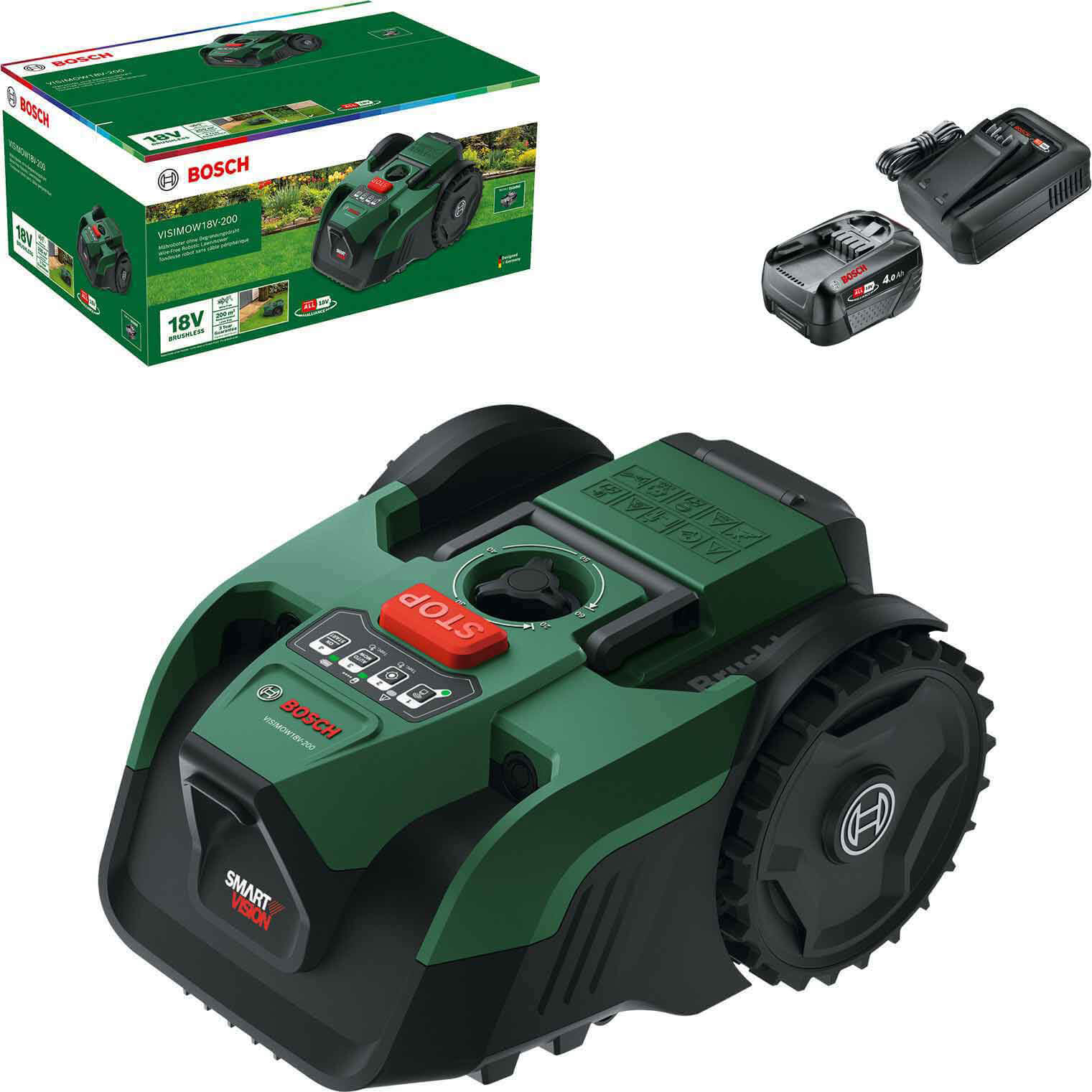 Bosch VISIMOW 18V-200 P4A 18v Cordless Camera Robotic Lawnmower 175mm 1 x 4ah Li-ion Battery Charger