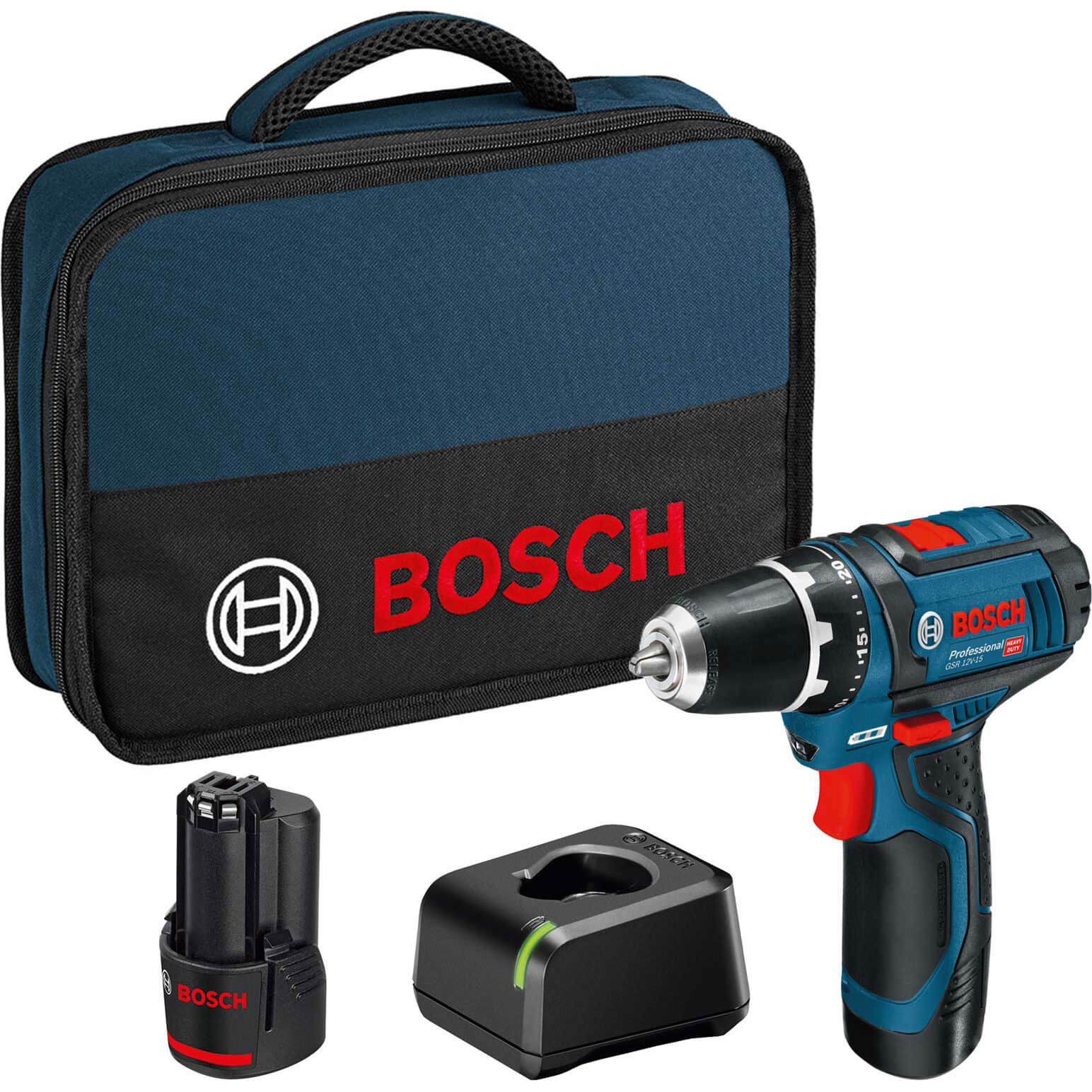 Image of Bosch GSR 12V-15 12v Cordless Drill Driver 2 x 2ah Li-ion Charger Bag