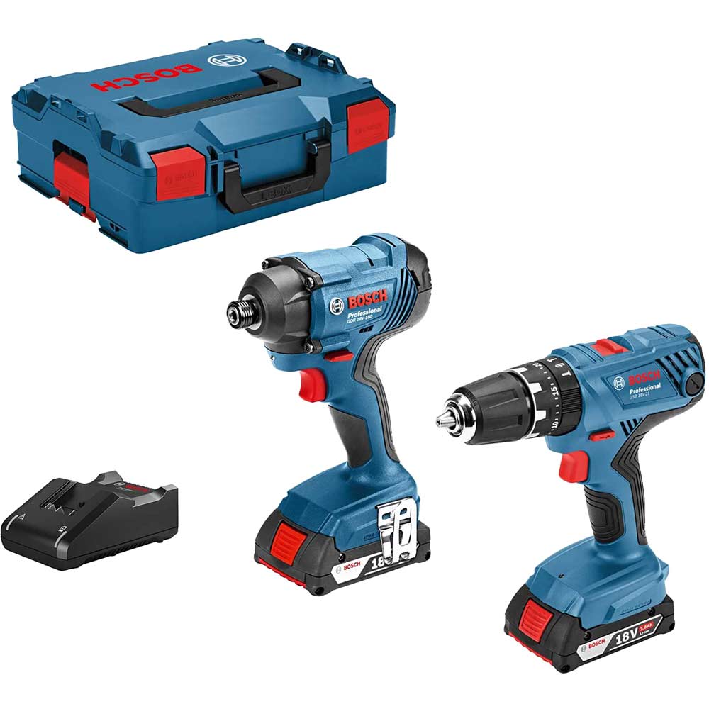 Bosch Professional 18v Cordless Combi Drill and Impact Driver Kit 2 x 2ah Li-ion Charger Case