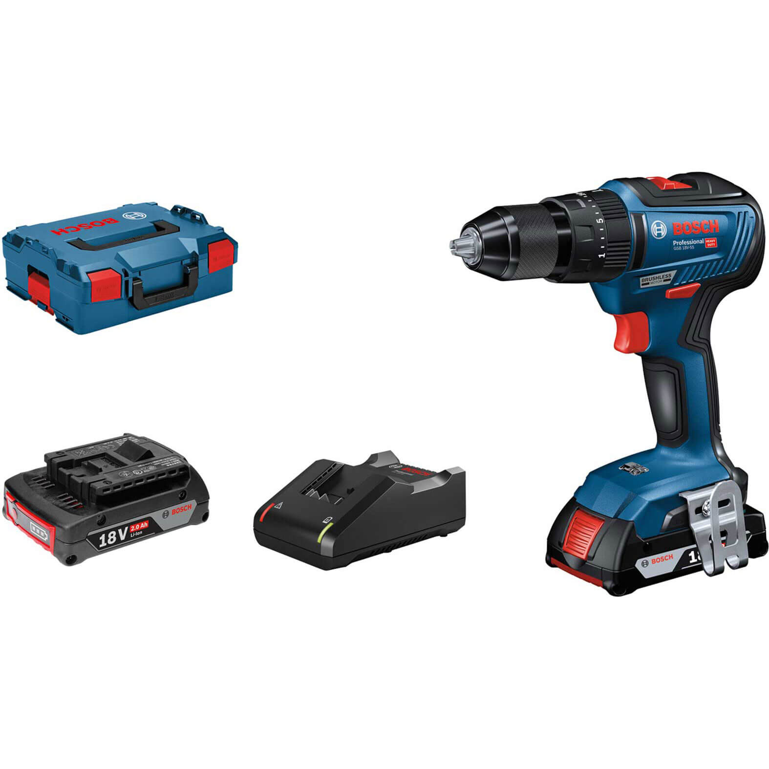 Image of Bosch GSB 18V-55 18v Cordless Brushless Combi Drill 2 x 2ah Li-ion Charger Case