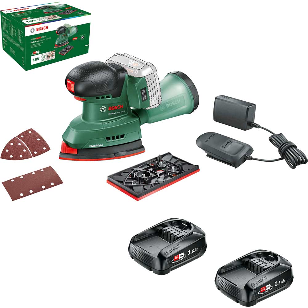 Bosch UNIVERSALSANDER 18V-10 P4A 18v Cordless Multi Sander 2 x 1.5ah Li-ion Battery Charger No Case