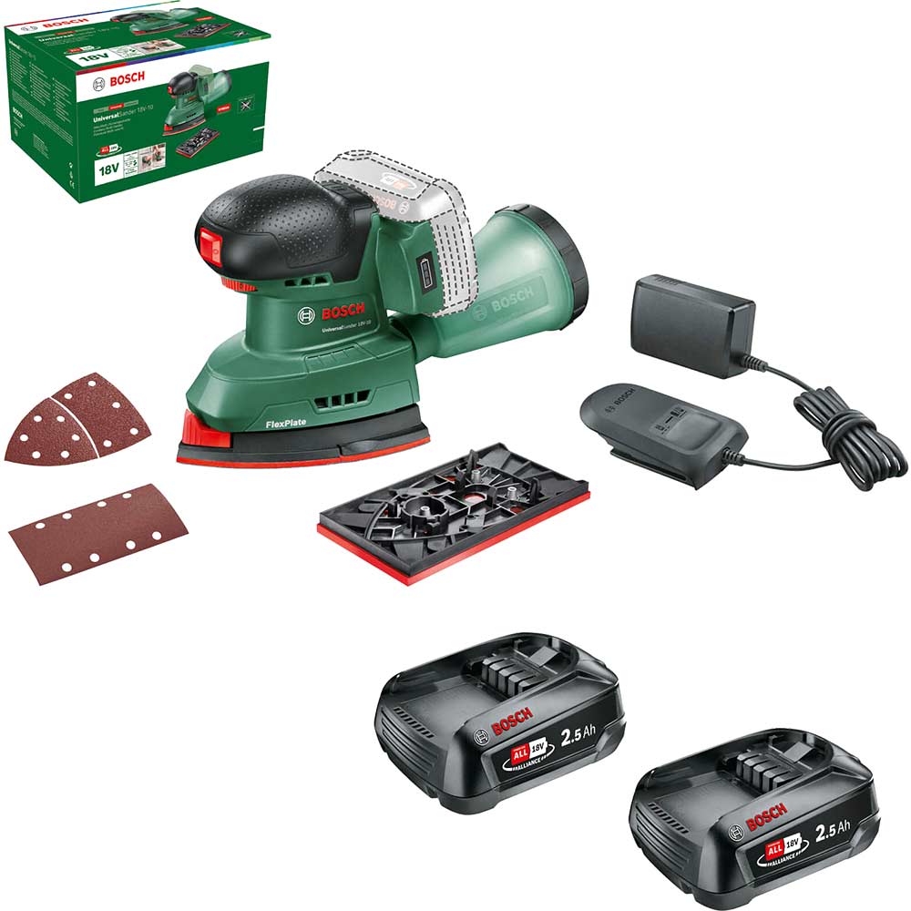 Bosch UNIVERSALSANDER 18V-10 P4A 18v Cordless Multi Sander 2 x 2.5ah Li-ion Battery Charger No Case