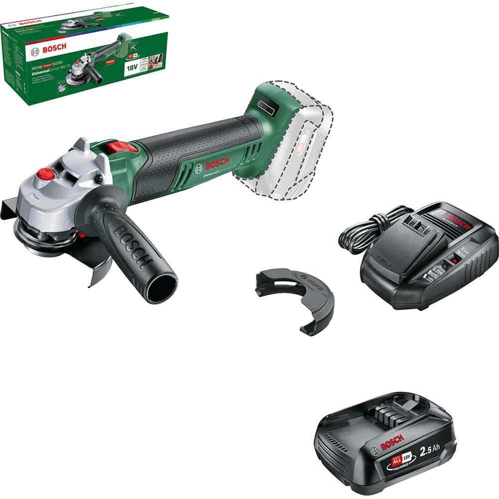 Image of Bosch UNIVERSALGRIND 18V-75 18v Cordless Angle Grinder 115mm 1 x 2.5ah Li-ion Charger No Case