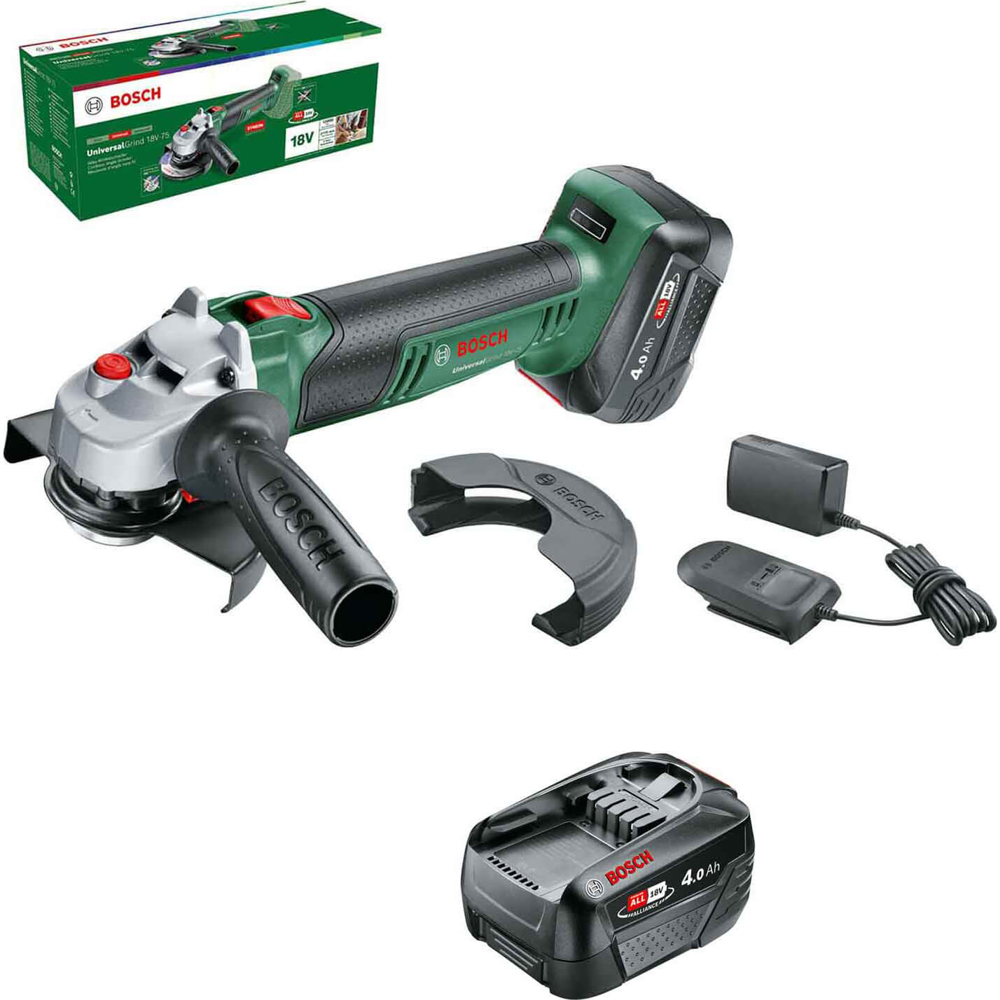 Bosch UNIVERSALGRIND 18V-75 P4A 18v Cordless Angle Grinder 115mm 2 x 4ah Li-ion Battery Charger No Case