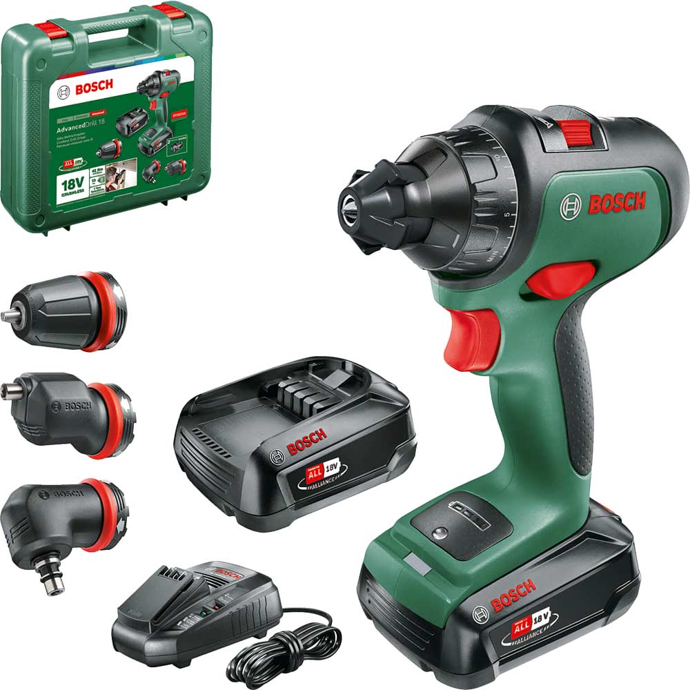 Bosch ADVANCEDDRILL P4A 18v Cordless Drill Driver and Attachments 2 x 2.5ah Li-ion Battery Charger Case & Accessories