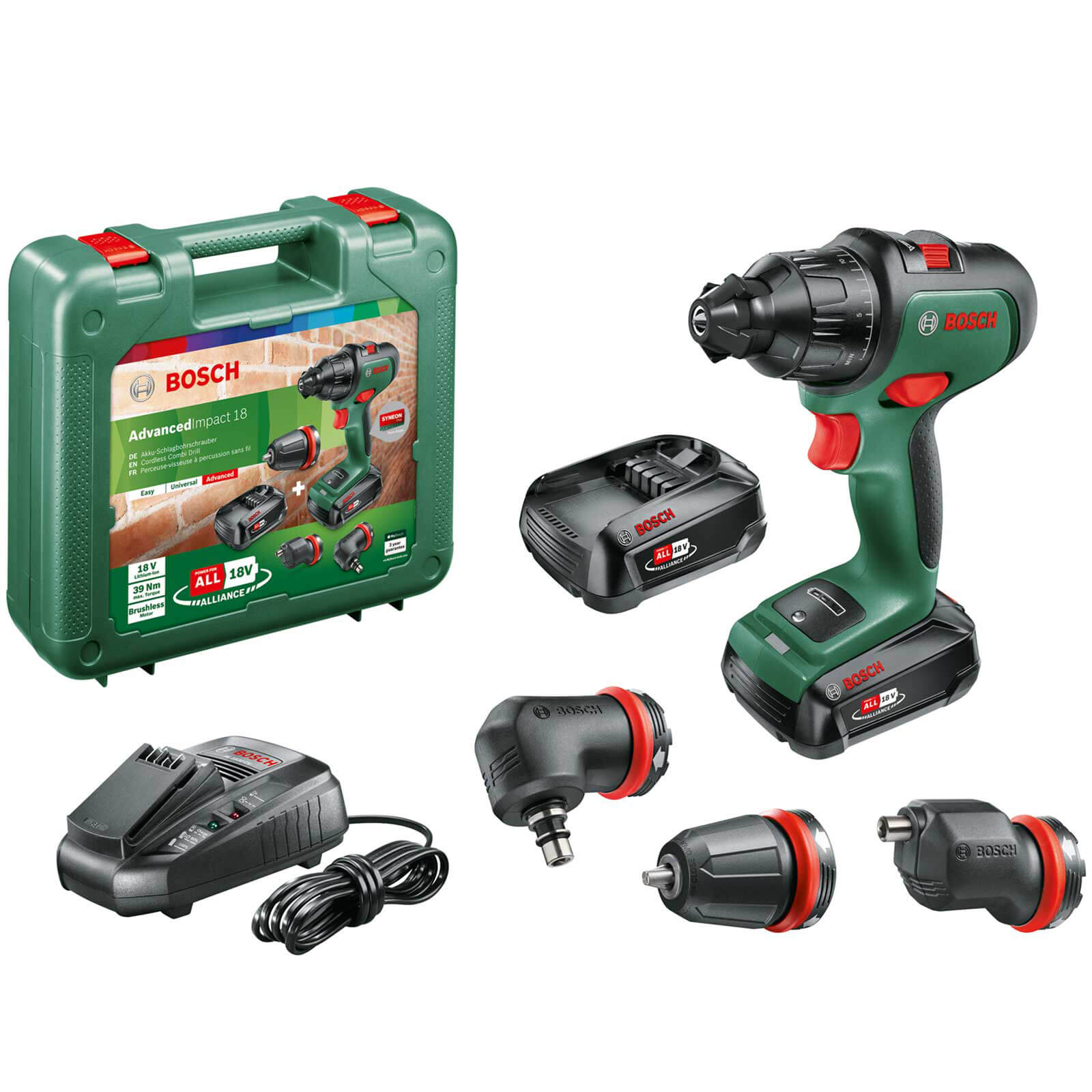 Image of Bosch ADVANCEDIMPACT 18v Cordless Combi Drill and Attachments 2 x 2.5ah Li-ion Charger Case