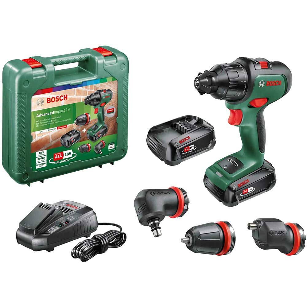 Bosch ADVANCEDIMPACT P4A 18v Cordless Combi Drill and Attachments 2 x 2.5ah Li-ion Battery Charger Case