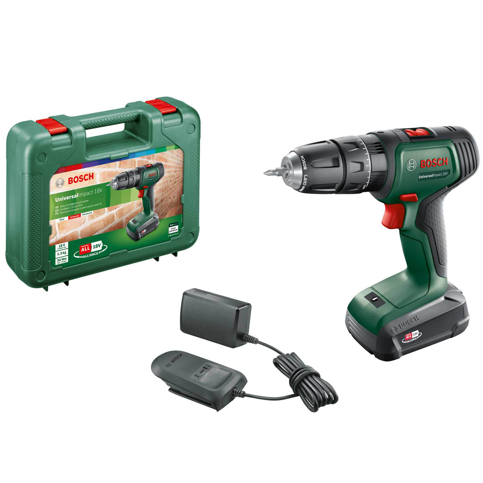 Image of Bosch UNIVERSALIMPACT 18v Cordless Combi Drill 1 x 1.5ah Li-ion Charger Case