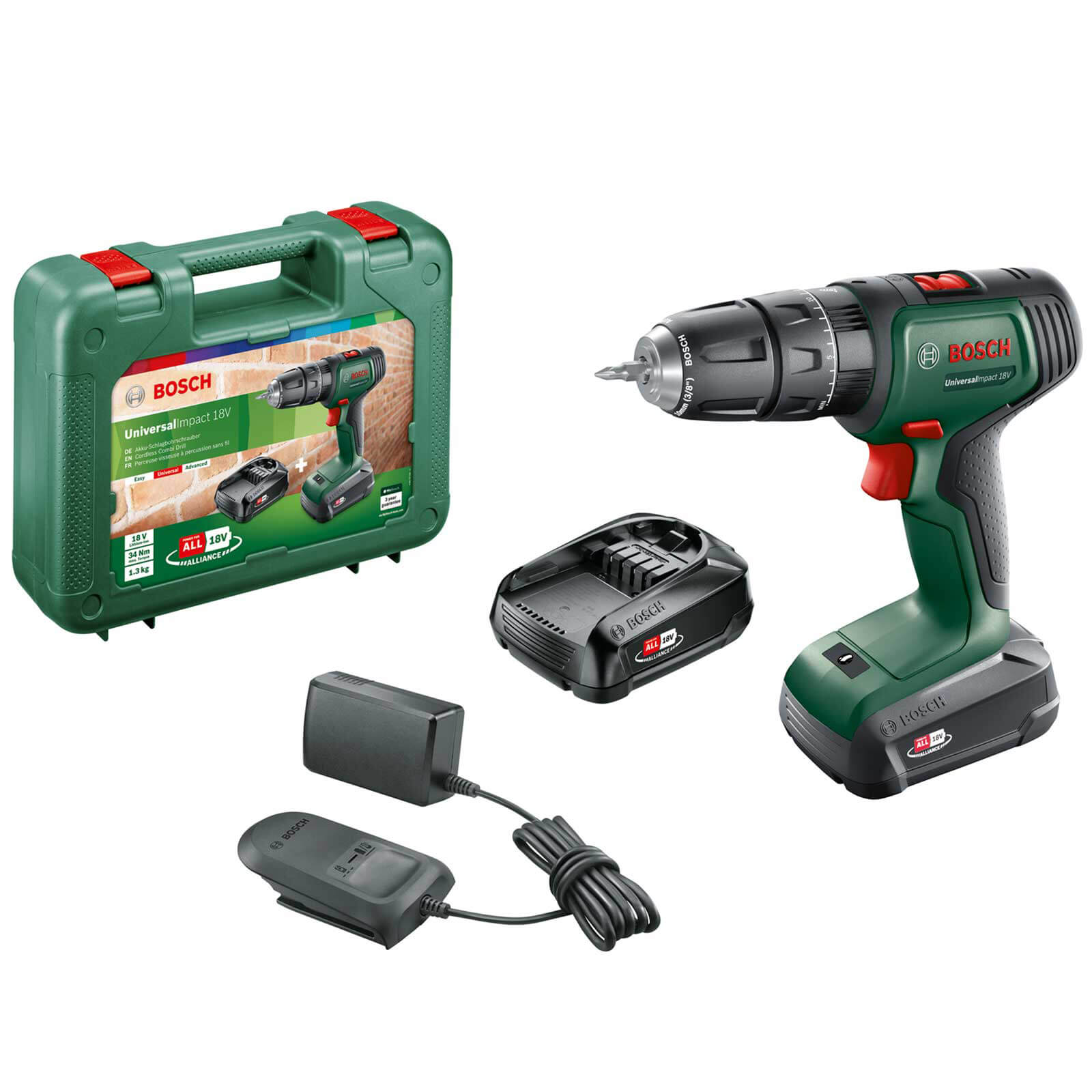 Image of Bosch UNIVERSALIMPACT 18v Cordless Combi Drill 2 x 1.5ah Li-ion Charger Case