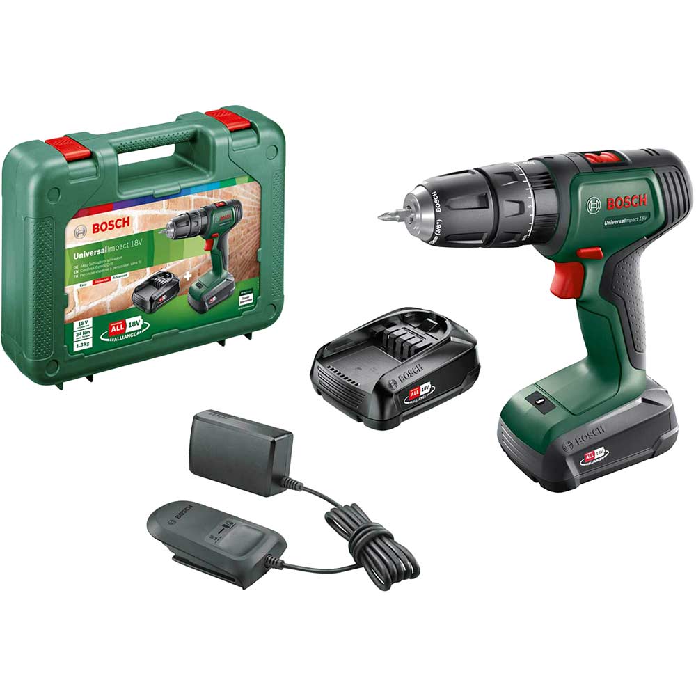 Bosch UNIVERSALIMPACT P4A 18v Cordless Combi Drill 2 x 1.5ah Li-ion Battery Charger Case