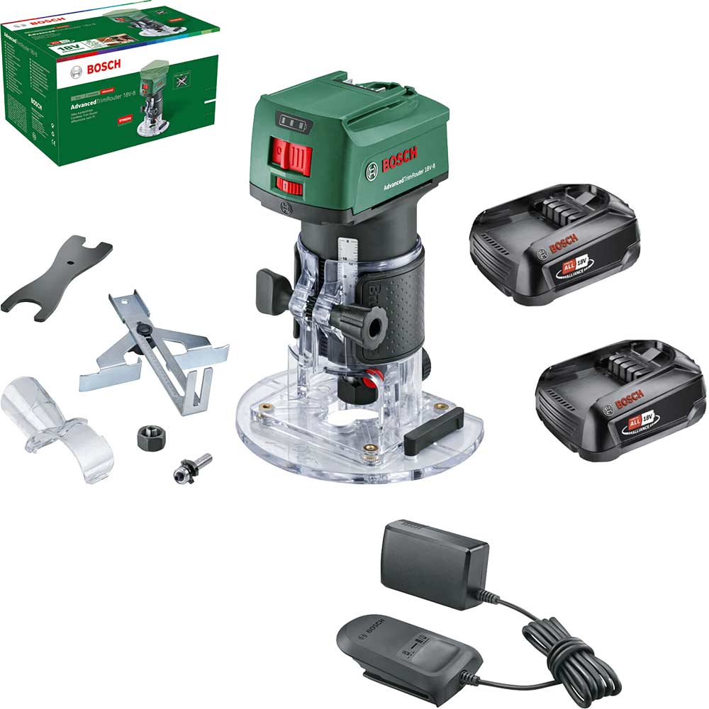 Bosch ADVANCEDTRIMROUTER 18V-8 P4A 18v Cordless Trim Router 2 x 1.5ah Li-ion Battery Charger No Case