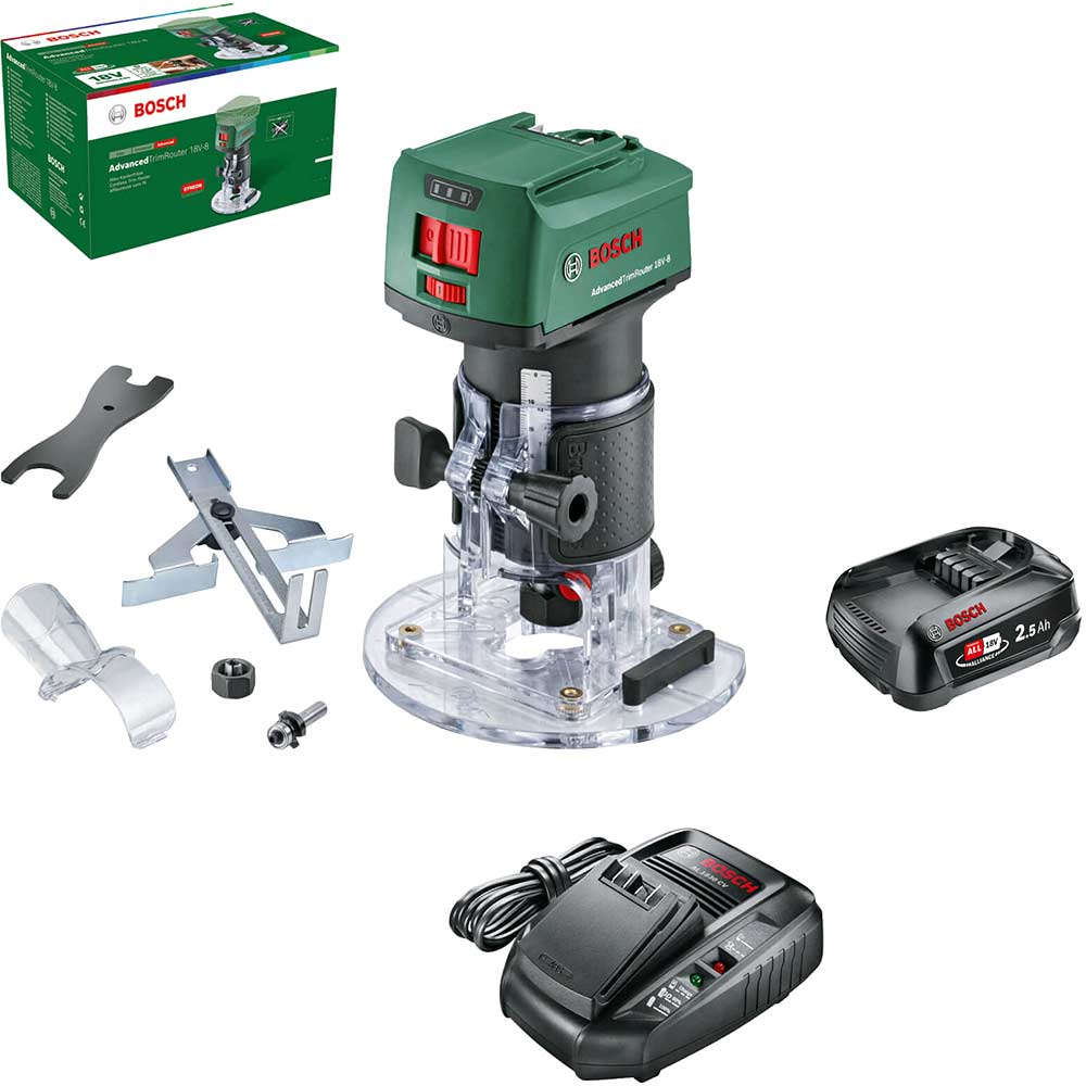 Bosch ADVANCEDTRIMROUTER 18V-8 P4A 18v Cordless Trim Router 1 x 2.5ah Li-ion Battery Charger No Case