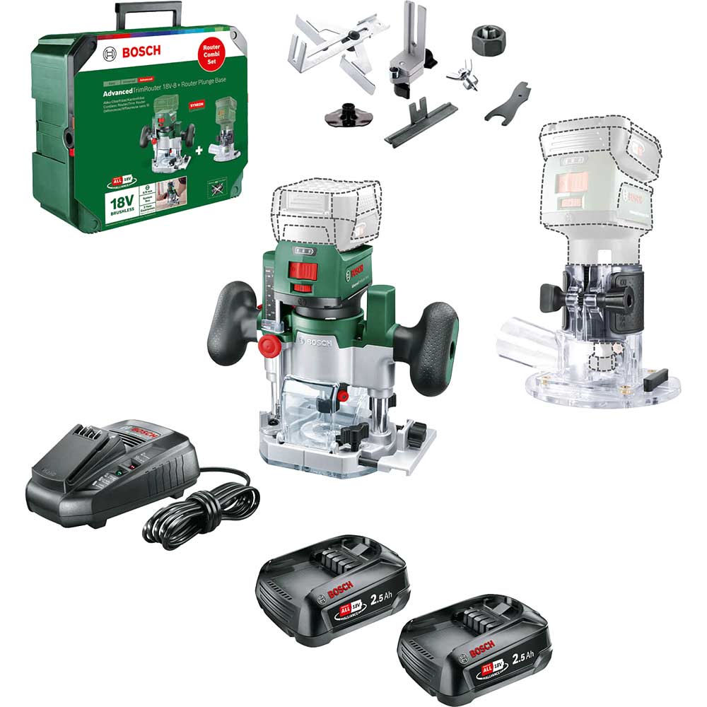 Bosch ADVANCEDTRIMROUTER 18V-8 P4A 18v Cordless Trim Router with Plunge Attachment 2 x 2.5ah Li-ion Battery Charger Case