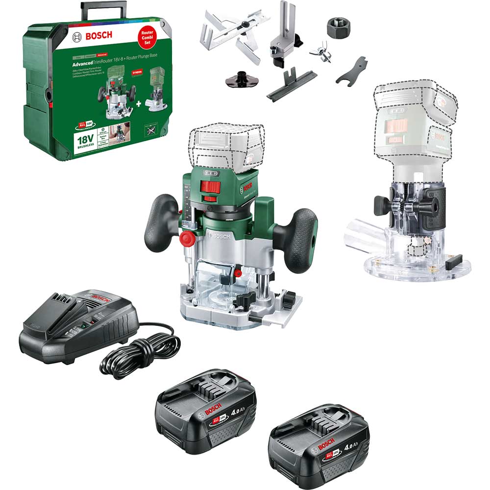 Bosch ADVANCEDTRIMROUTER 18V-8 P4A 18v Cordless Trim Router with Plunge Attachment 2 x 4ah Li-ion Battery Charger Case
