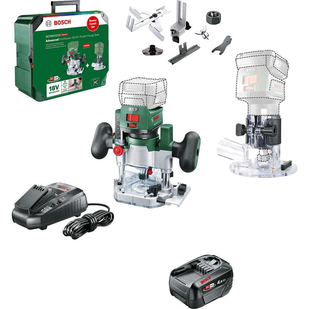 Bosch ADVANCEDTRIMROUTER 18V-8 P4A 18v Cordless Trim Router with Plunge Attachment 1 x 4ah Li-ion Battery Charger Case