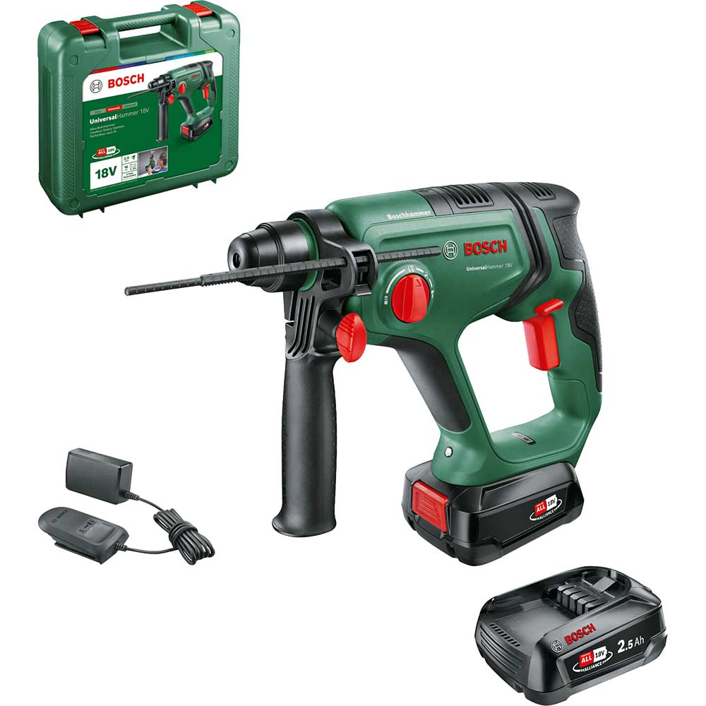 Bosch UNIVERSALHAMMER P4A 18v Cordless SDS Drill 2 x 2.5ah Li-ion Battery Charger Case