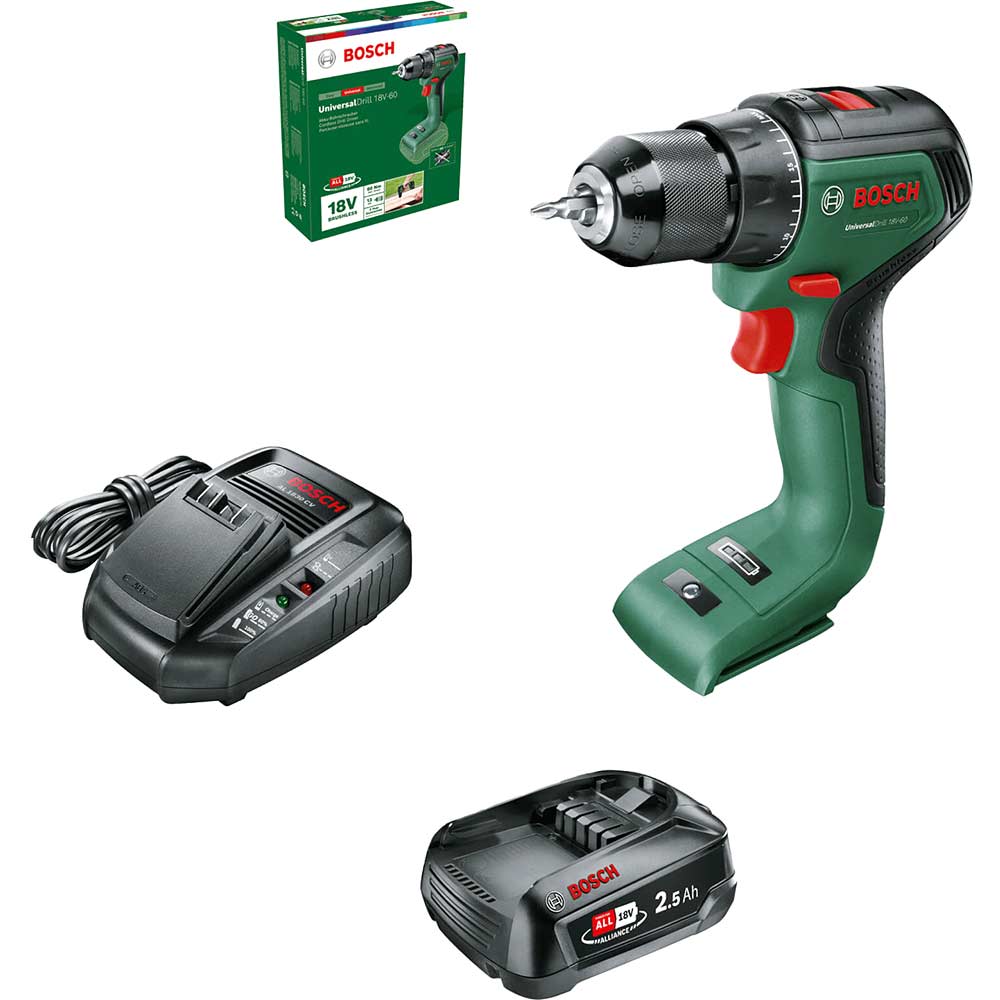 Bosch UNIVERSALDRILL 18V-60 P4A 18v Cordless Drill Driver 1 x 2.5ah Li-ion Battery Charger No Case