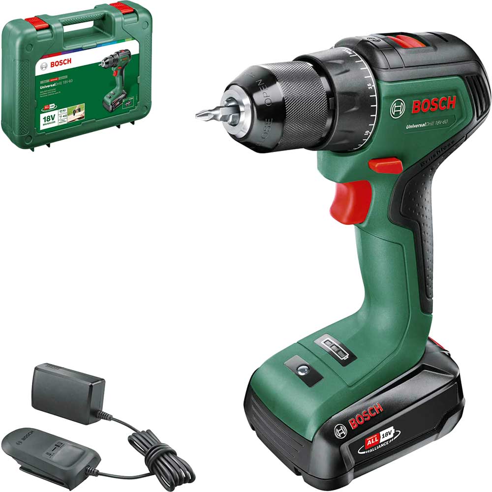 Bosch UNIVERSALDRILL 18V-60 P4A 18v Cordless Drill Driver 1 x 2ah Li-ion Battery Charger Case