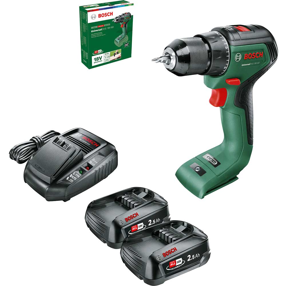 Bosch UNIVERSALDRILL 18V-60 P4A 18v Cordless Drill Driver 2 x 2.5ah Li-ion Battery Charger No Case