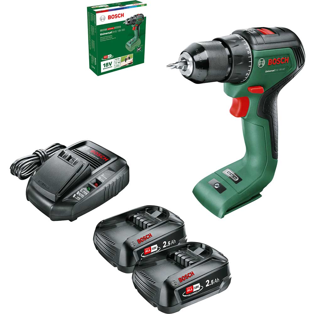 Image of Bosch UNIVERSALDRILL 18V-60 18v Cordless Drill Driver 2 x 2.5ah Li-ion Charger No Case