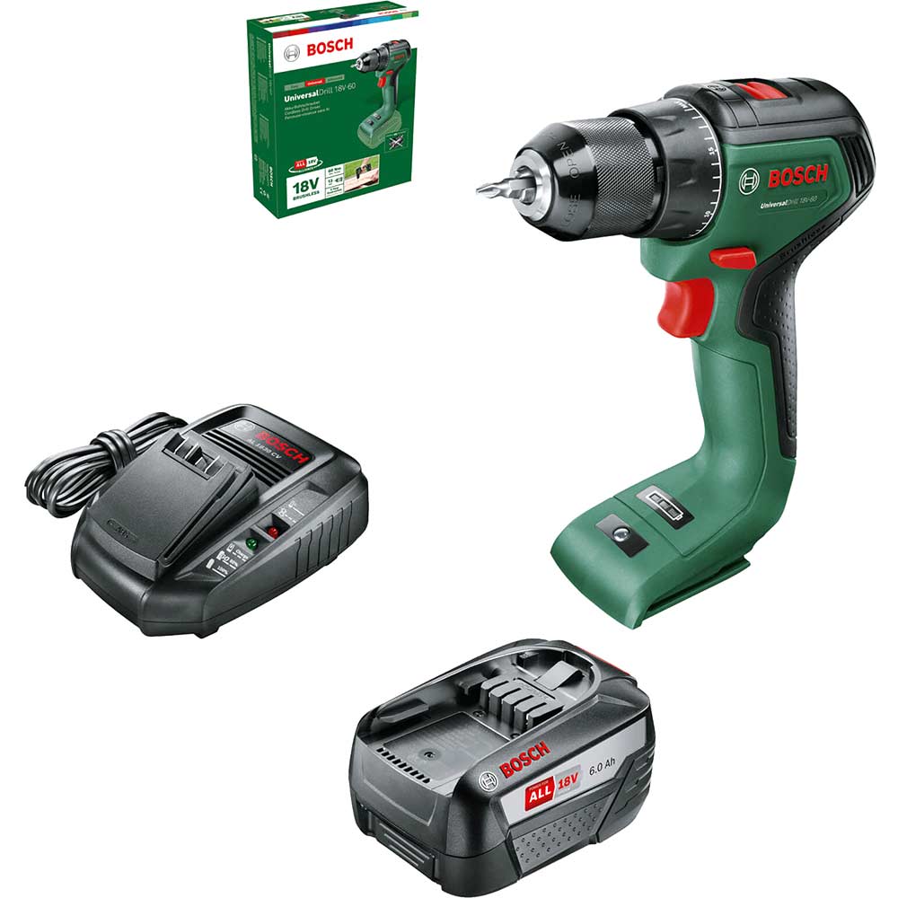 Bosch UNIVERSALDRILL 18V-60 P4A 18v Cordless Drill Driver 1 x 6ah Li-ion Battery Charger No Case