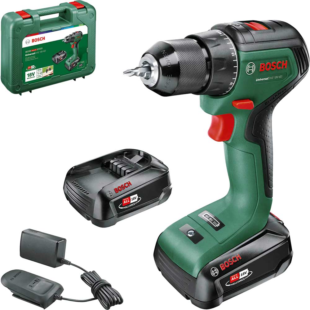 Bosch UNIVERSALDRILL 18V-60 P4A 18v Cordless Drill Driver 2 x 2ah Li-ion Battery Charger Case