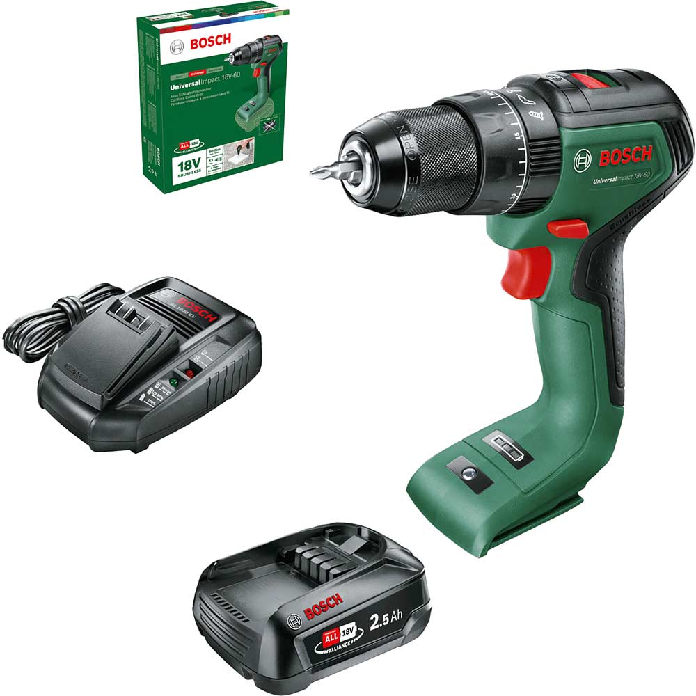 Bosch UNIVERSALIMPACT 18V-60 P4A 18v Cordless Brushless Combi Drill 1 x 2.5ah Li-ion Battery Charger No Case