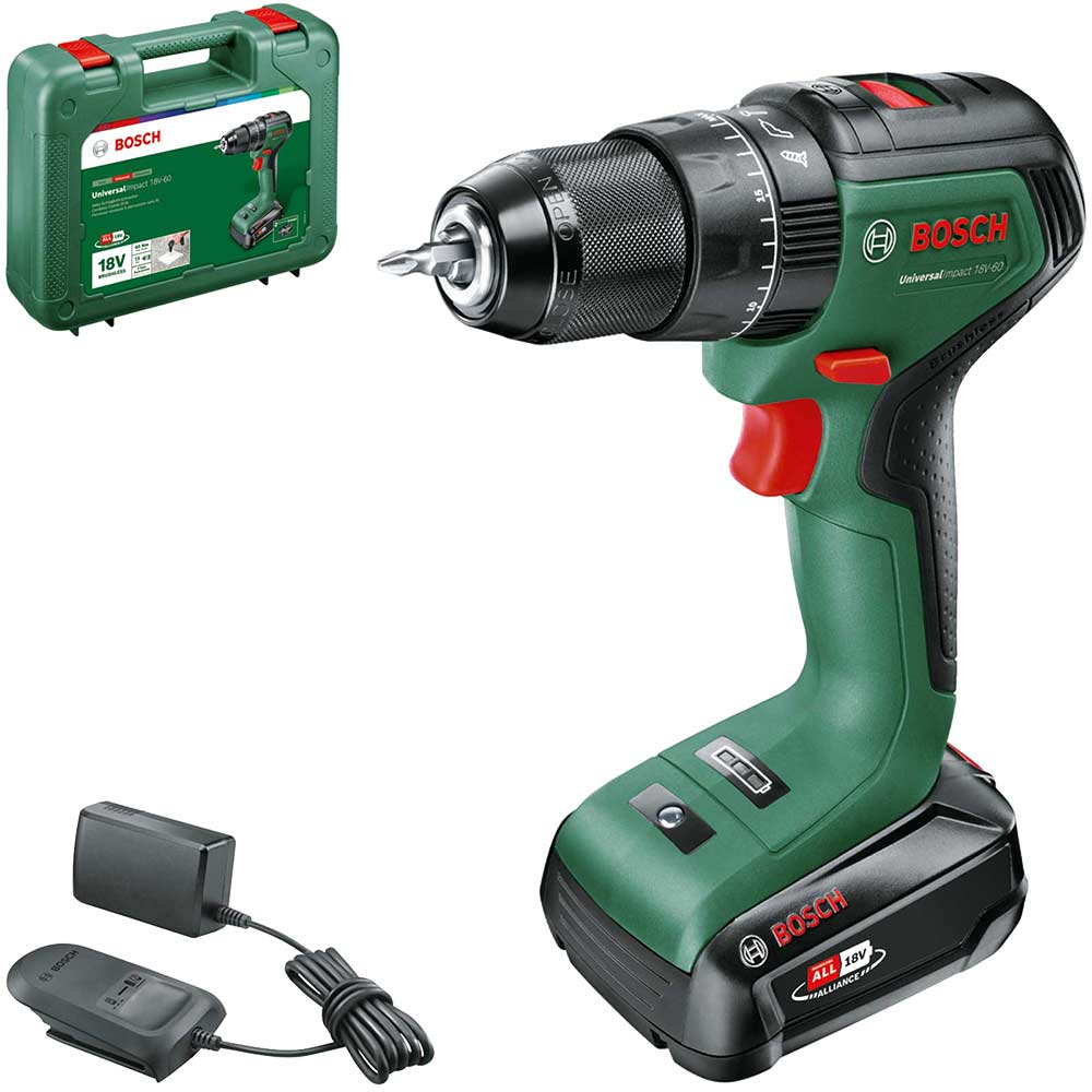 Bosch UNIVERSALIMPACT 18V-60 P4A 18v Cordless Brushless Combi Drill 1 x 2ah Li-ion Charger Case