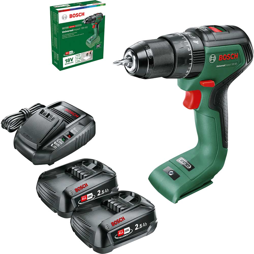 Bosch UNIVERSALIMPACT 18V-60 P4A 18v Cordless Brushless Combi Drill 2 x 2.5ah Li-ion Battery Charger No Case