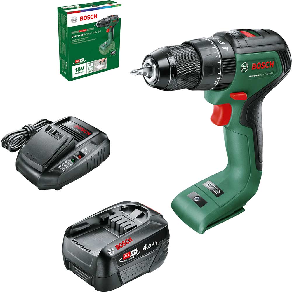 Bosch UNIVERSALIMPACT 18V-60 P4A 18v Cordless Brushless Combi Drill 1 x 4ah Li-ion Charger No Case