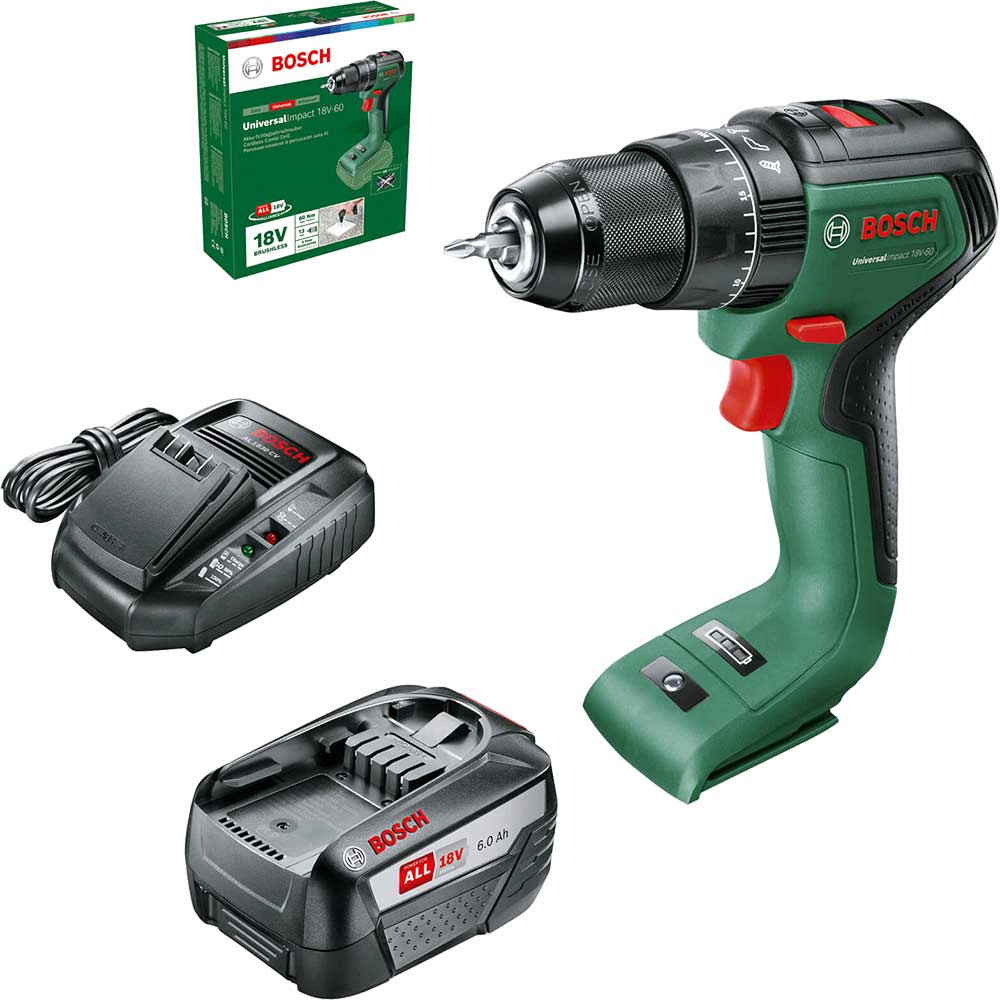 Bosch UNIVERSALIMPACT 18V-60 P4A 18v Cordless Brushless Combi Drill 1 x 6ah Li-ion Charger No Case