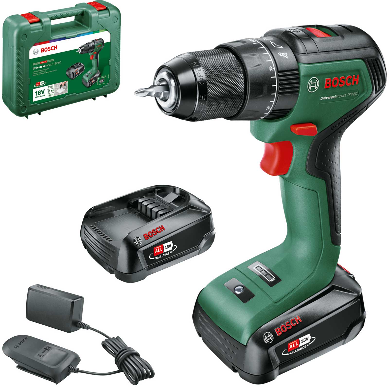Image of Bosch UNIVERSALIMPACT 18V-60 18v Cordless Brushless Combi Drill 2 x 2ah Li-ion Charger Case