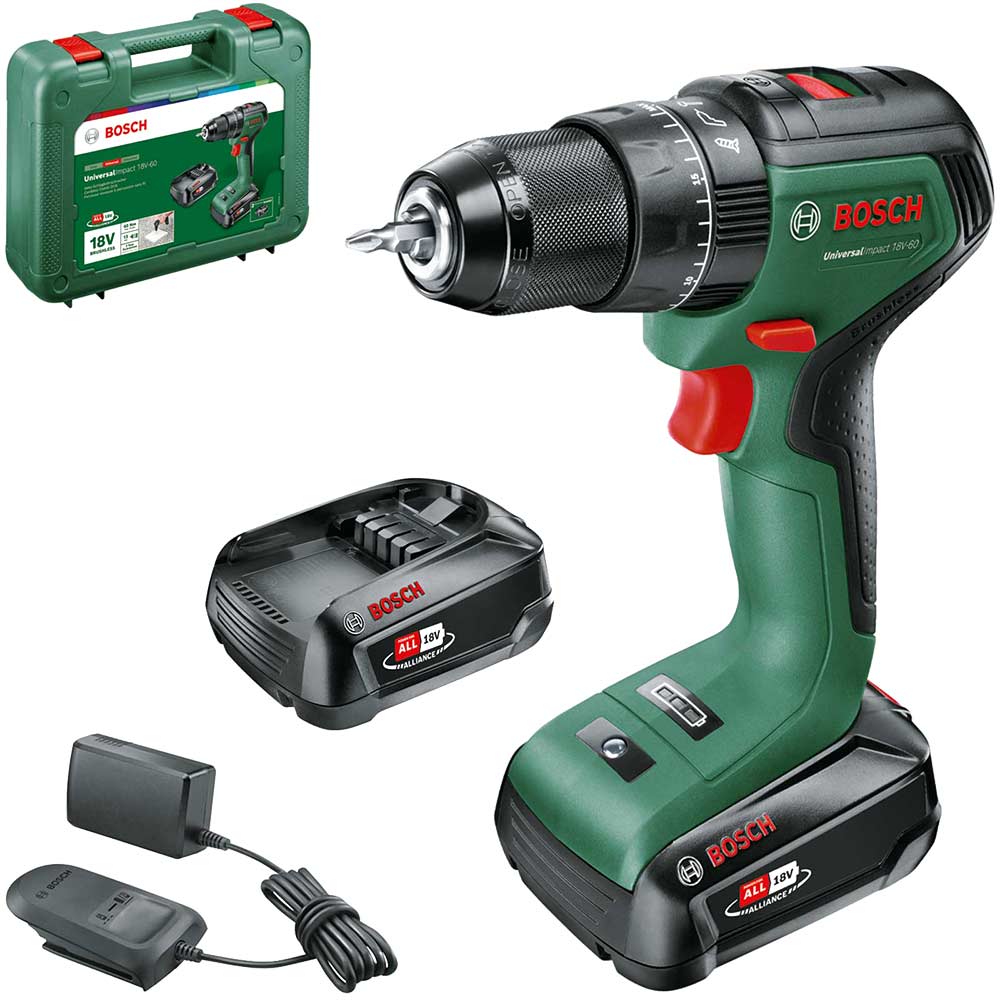 Image of Bosch UNIVERSALIMPACT 18V-60 18v Cordless Brushless Combi Drill 2 x 2ah Li-ion Charger Case