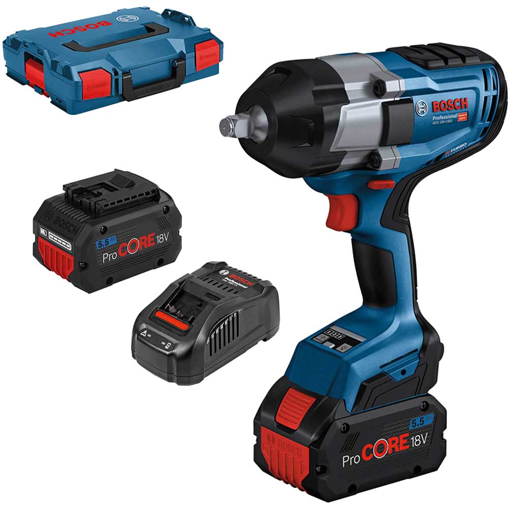Bosch GDS 18V-1000 BITURBO 18v Cordless Brushless High Torque ½” Drive Impact Wrench 2 x 5.5ah Li-ion ProCore Battery Charger Case