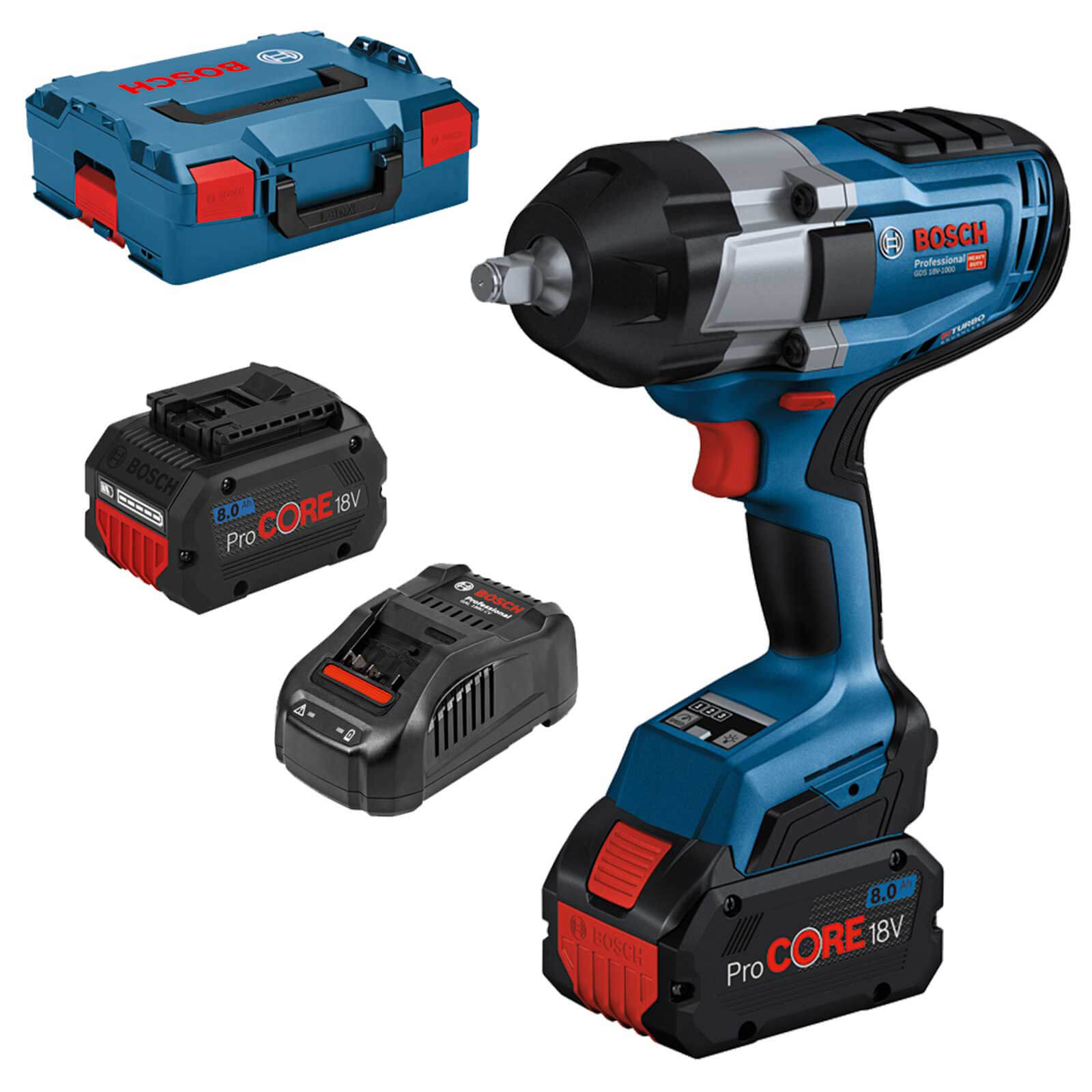 Image of Bosch GDS 18V-1000 BITURBO 18v Cordless Brushless High Torque ½” Drive Impact Wrench 2 x 8ah Li-ion ProCore Charger Case