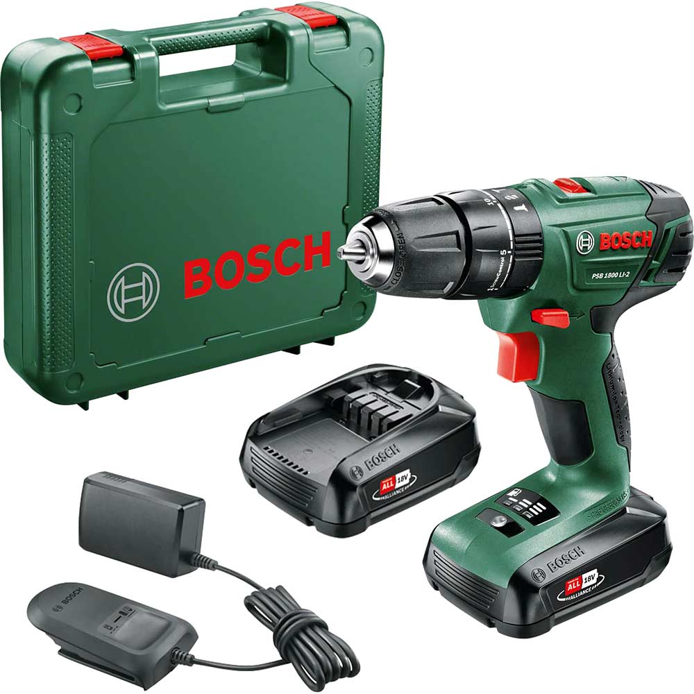 Bosch PSB 1800 LI-2 P4A 18v Cordless Combi Drill 2 x 1.5ah Li-ion Charger Case